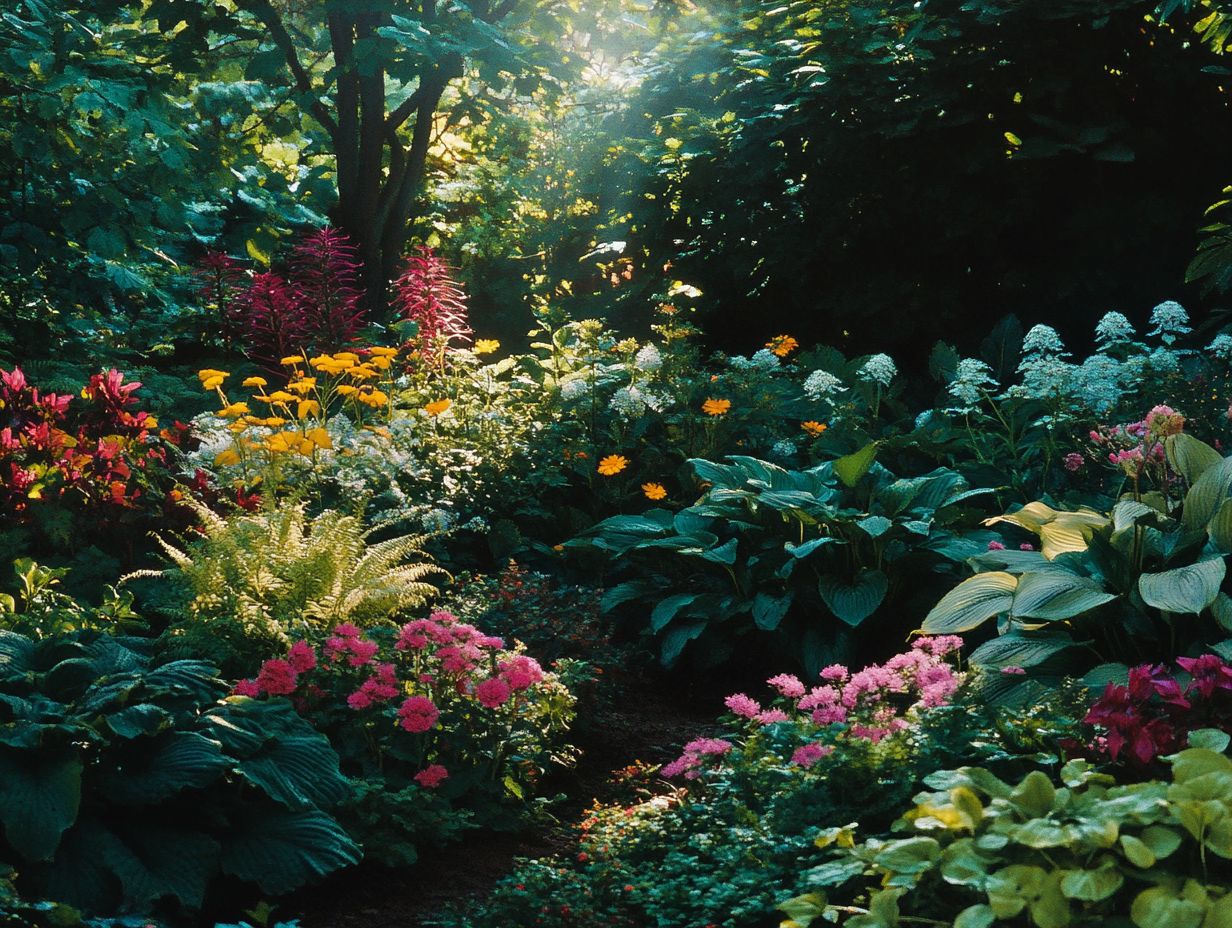 A variety of shade-tolerant plants including hostas and ferns in a lush garden.