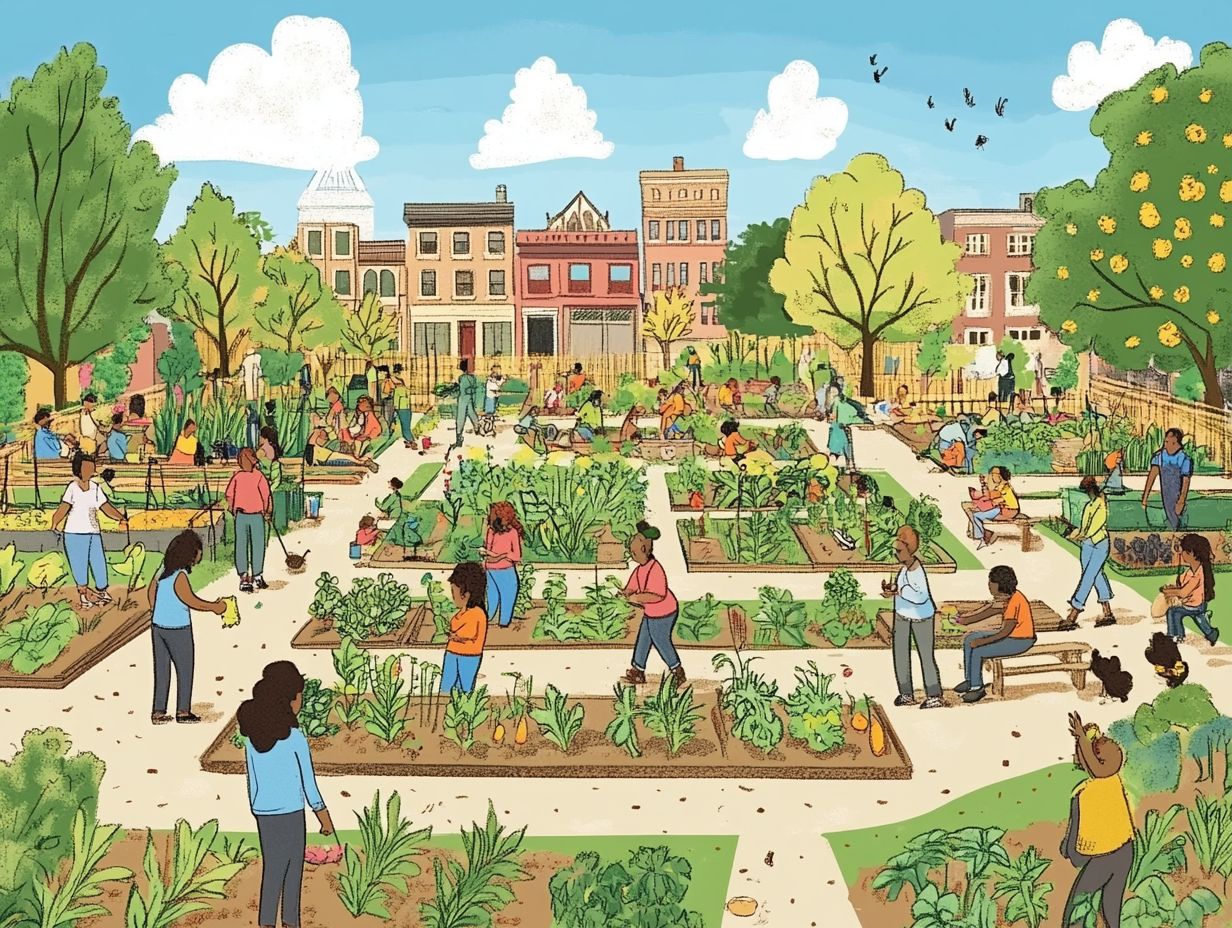 A vibrant community garden in an urban area showcasing diverse plants and community involvement