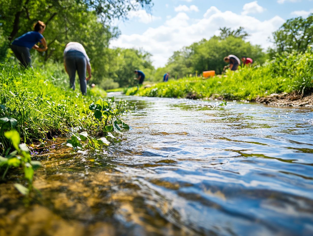 A community engaged in a water quality improvement project along a river.