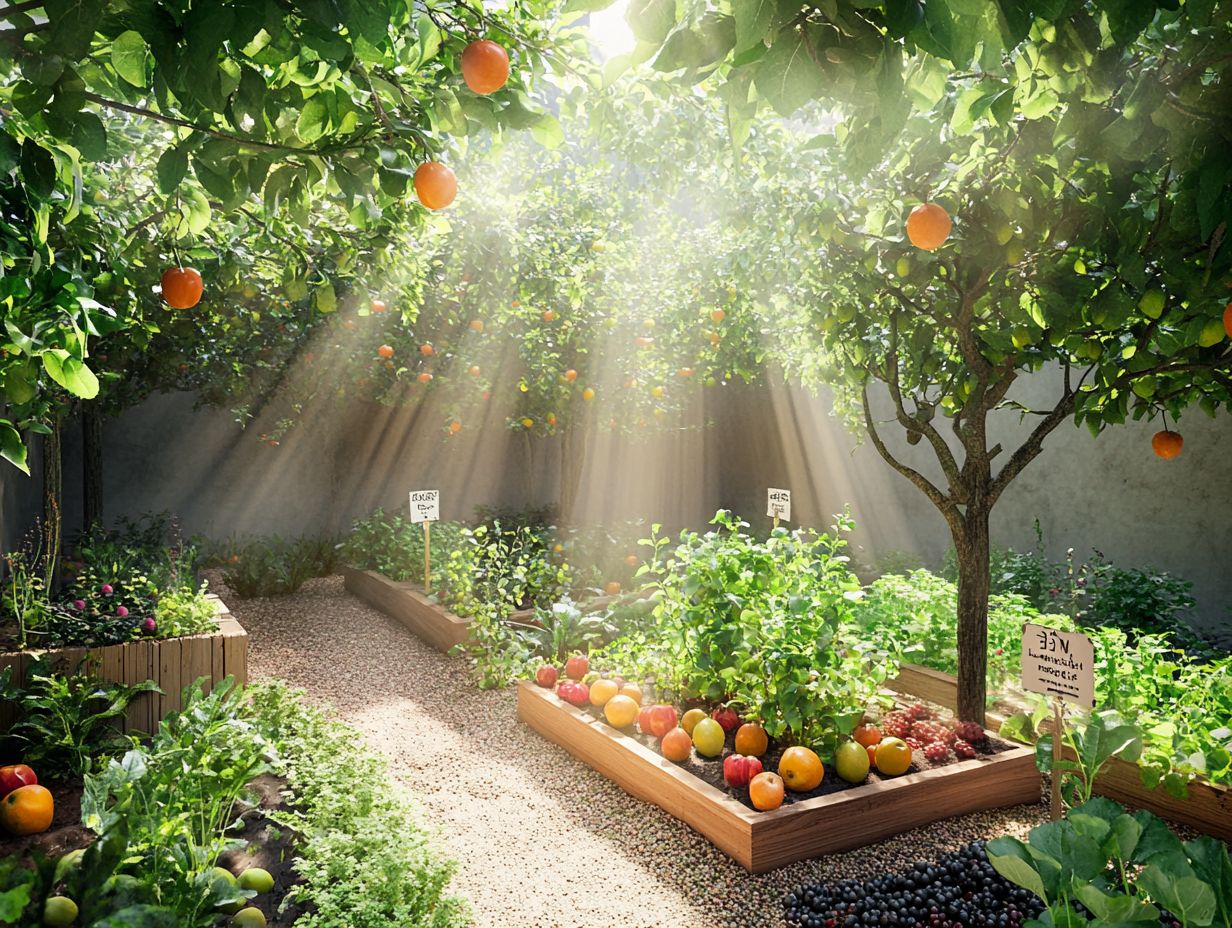 Beautiful food forest with diverse plants thriving together