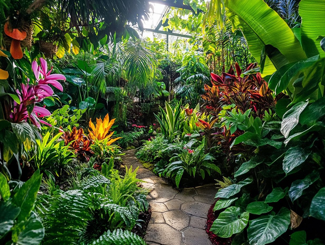 Illustration showing essential elements of a rainforest garden including plant layers and water features.