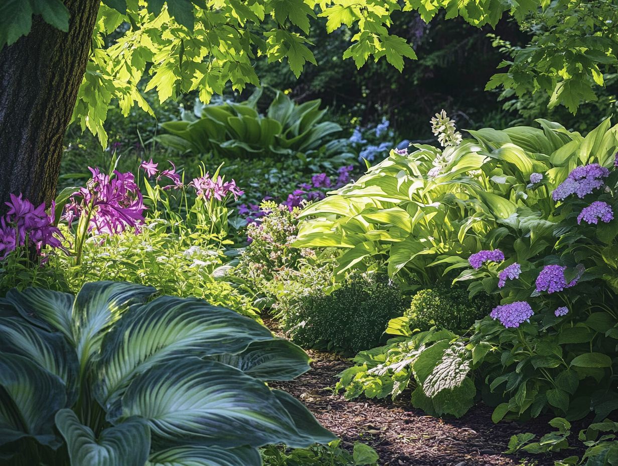 A selection of the best plants for shade-loving gardens including hostas and ferns.