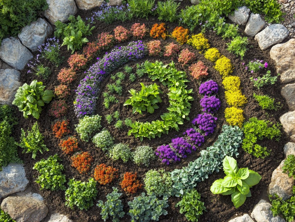 Visual guide to materials and steps for building a herb spiral garden.