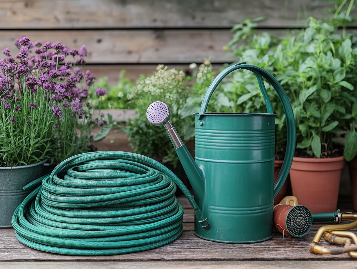 A variety of watering tools including cans and hoses.