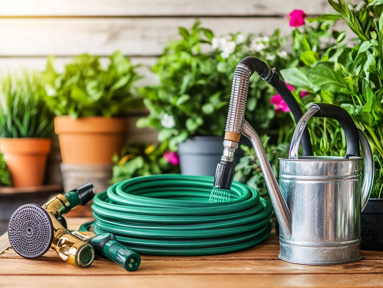 A variety of watering tools including cans and hoses.