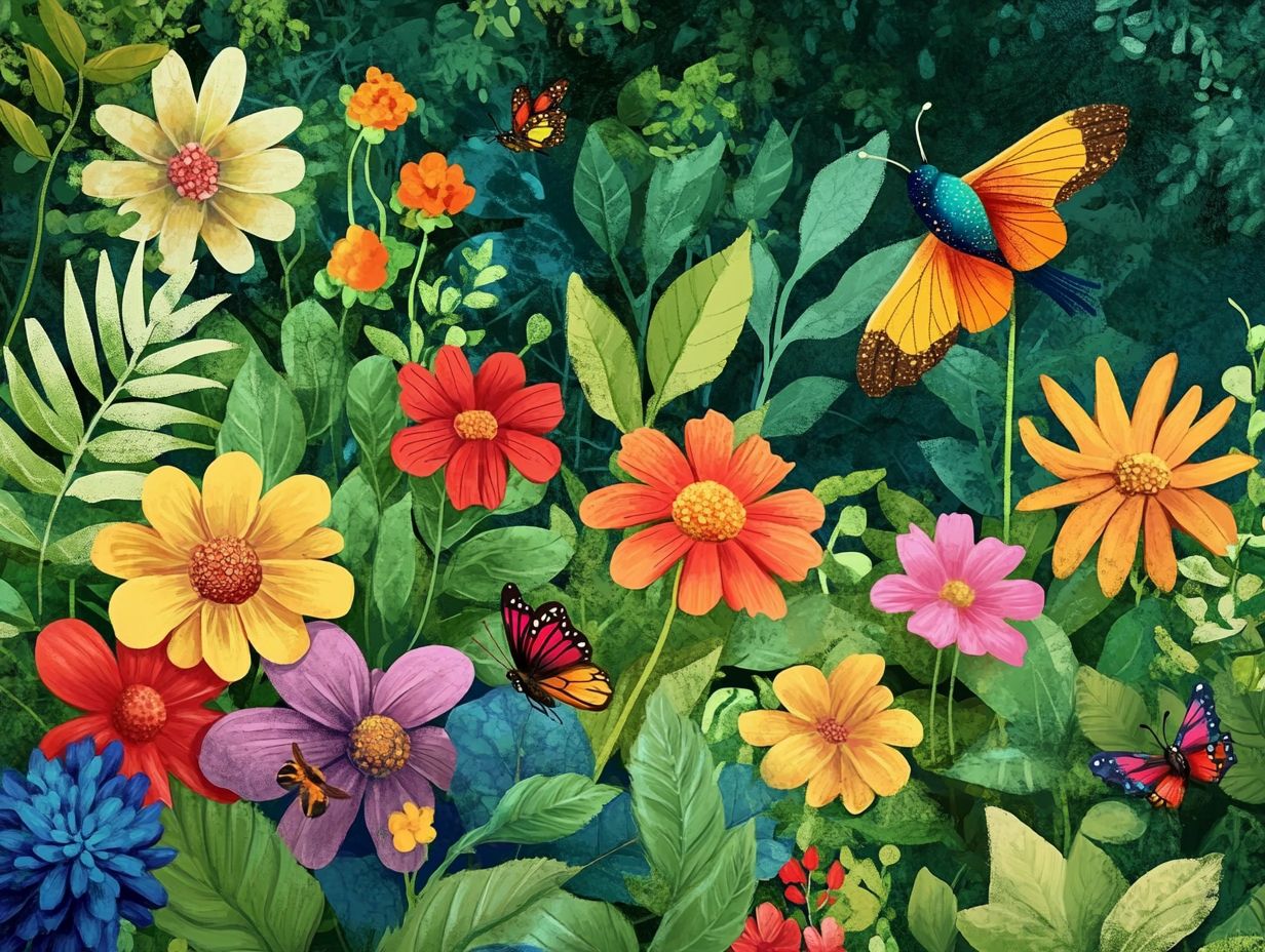 A colorful array of flowers, herbs, and vegetables that attract pollinators