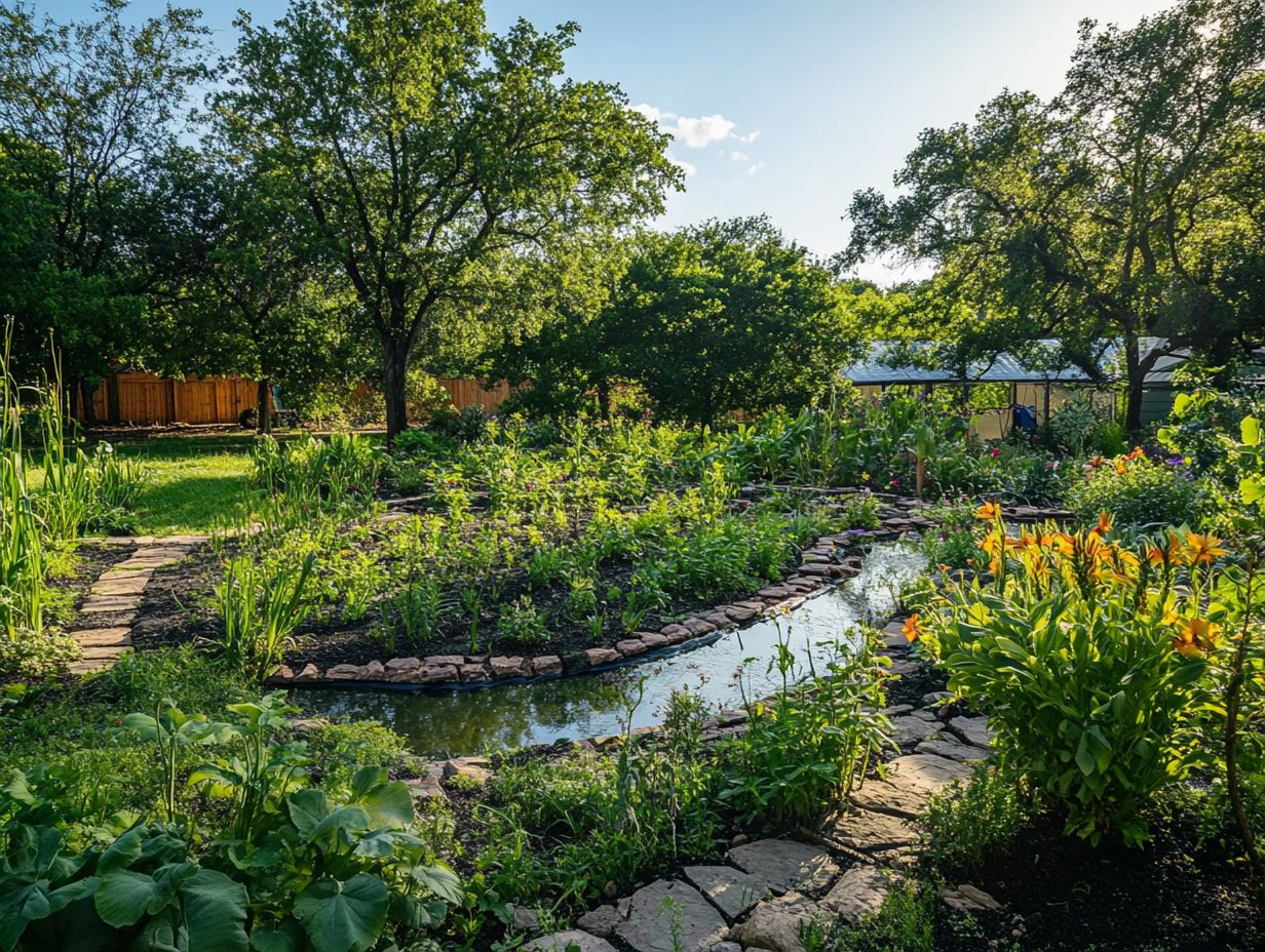 Image of a sustainable permaculture garden using efficient water management techniques