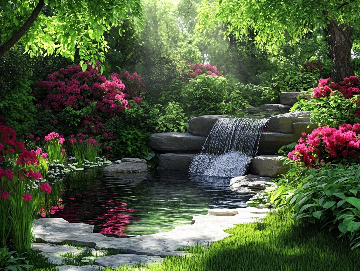 A tranquil garden with a water feature