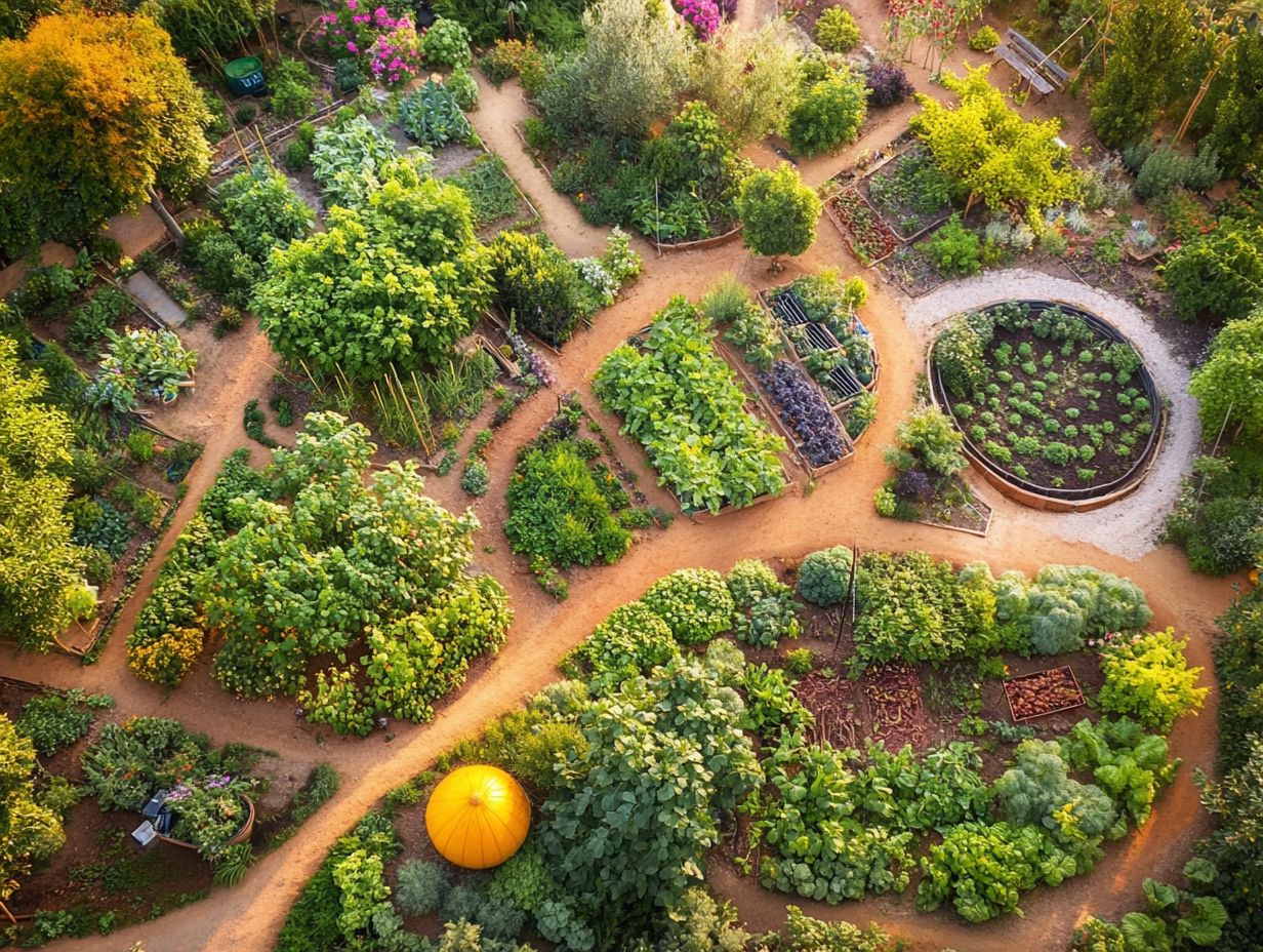 A vibrant urban permaculture garden showcasing diverse plants