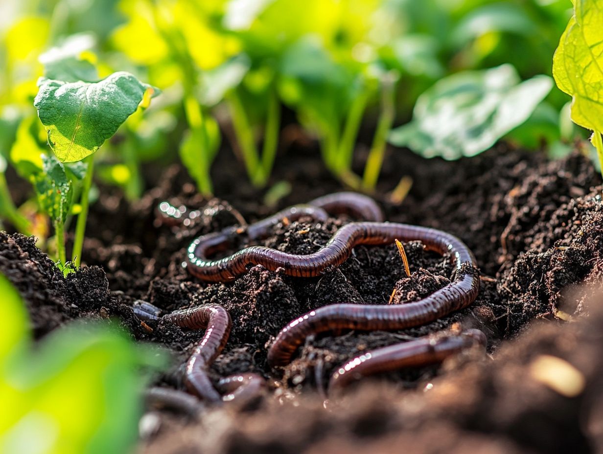 A healthy garden with diverse plants and earthworms.