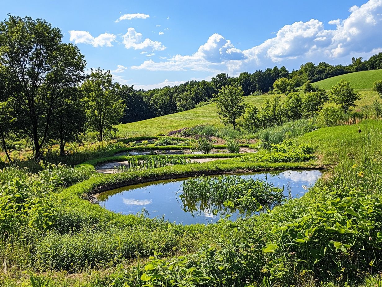 Illustration of a swale preventing erosion and flooding in a garden