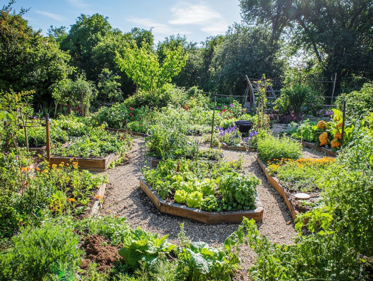 A vibrant garden showcasing various polycultures and plant guilds